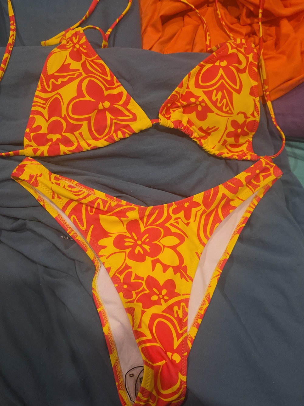 Yellow & Orange Floral Triangle Bikini Set - Women's Swimwear